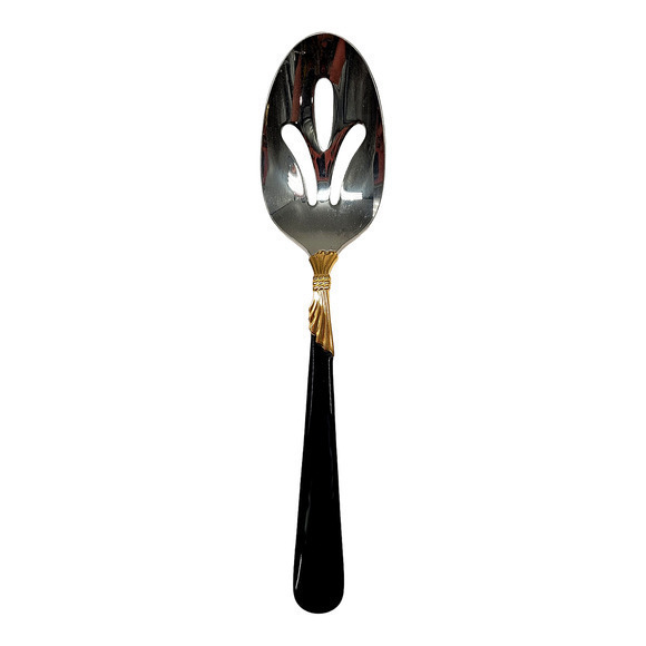 Yamazaki 18/8 Stainless LINDI Black Handle GOLD Accent Vintage Slotted Spoon 1-2 - Picture 1 of 7